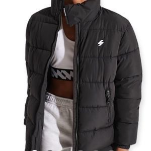 Superdry Black Longline Sports Puffer Jacket Coat NEW Size 6 Water Repellent